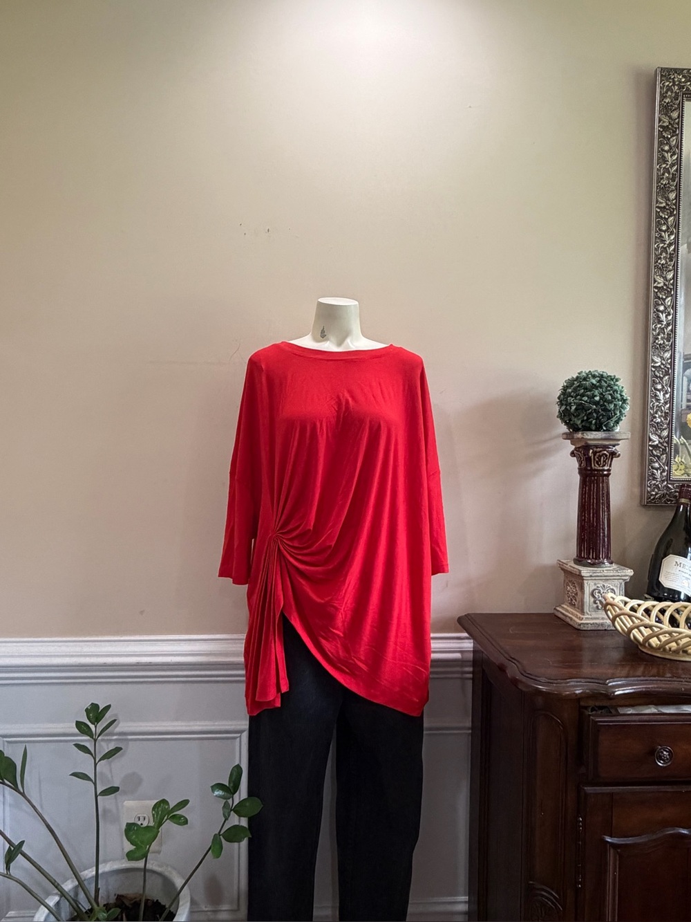 Patrizia Luca Red Draped Side-Knot Tunic Oversize Top